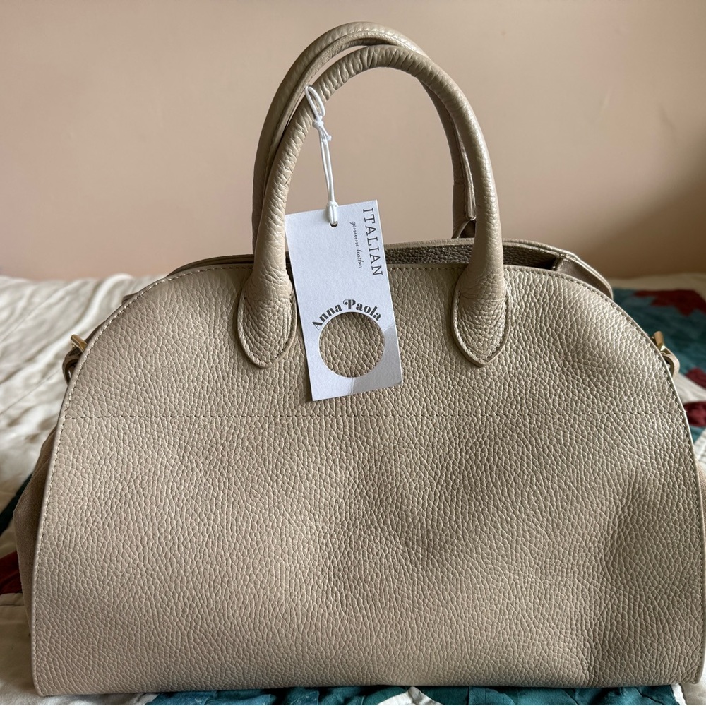 Beige Italian Leather Satchel Handbag with crossbody strap